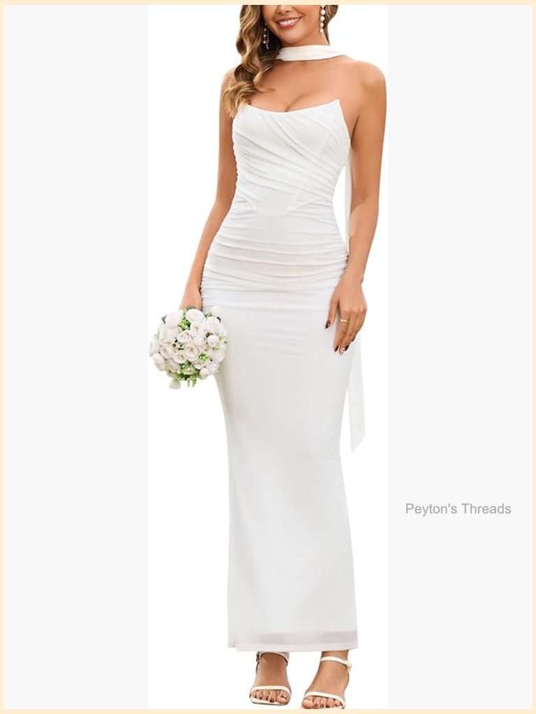 Strapless Corset Maxi Bodycon Ruched Mesh Long Formal Dress With Scarf